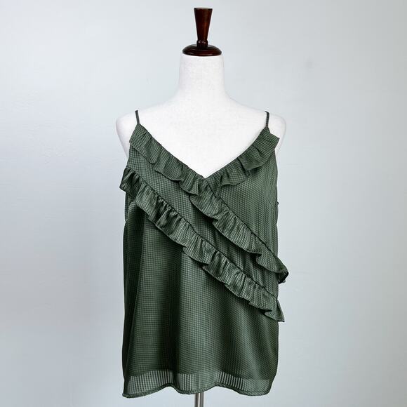 Express Olive Green Polka Dot Satin Ruffle V-Neck Camisole - Picture 1 of 8